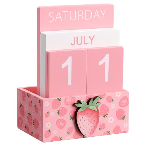 AceOrbit Pink Strawberry Wood Block Perpetual Calendar Coquettish Desk Decor Cute Month Week Date Display Decorative Block Calendar for Women Office Home Desk Gift for Women - style: Pink Strawberry