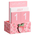 AceOrbit Pink Strawberry Wood Block Perpetual Calendar Coquettish Desk Decor Cute Month Week Date Display Decorative Block Calendar for Women Office Home Desk Gift for Women - style: Pink Strawberry