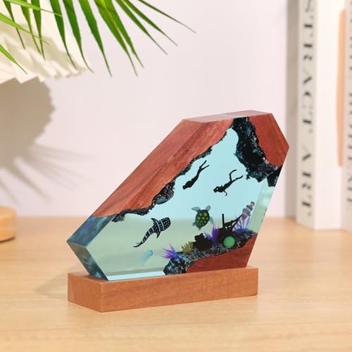 Ocean Creative Epoxy Resin Wood Light Lamp, Handmade Multi Color Aquatic Ocean Lamp Deep Sea Diver Cave Diving Enthusiasts Led Night Light Desktop Decor Christmas Birthday Gift (Ocean World, S) - color: Ocean World