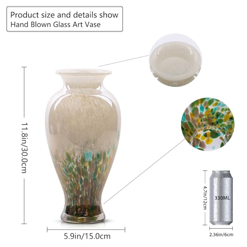 11.8" Tall Green Glass Vase Beautiful Hand Blown Glass Vase Modern Art Home Decor, Wide Mouth Colorful Vases for Mantle Dining Table Centerpiece, Entryway Living Room Wedding Decoration - color: Green