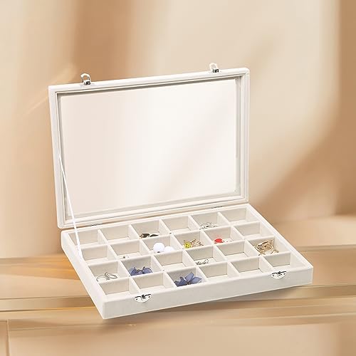 Stratalife Jewelry Organizer Jewelry Tray with See-through Lid 24 Grids Earring Display Showcase Large Velvet Storage Box for Earring Necklace Rings Dice Beige - color: Beige, size: 24 Grid
