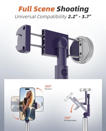 Vimose Phone Tripod & Selfie Stick with Remote, Portable, Lightweight for Video Recording Vlog, Extendable Travel Tripod Stand Compatible with iPhone Android, Purple, 62" - color: Purple
