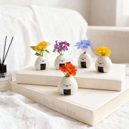 MOUGIGI 5 PCS Mini Flower Vase, Handmade Ceramic Rice Ball (Japanese Onigiri) Miniature Vases, Charming and Cute Design, Perfect for Dry Flowers - Bulk Bud Vases, Unique and Adorable Japanese Craft - color: 5 Pcs Rice Ball Vase