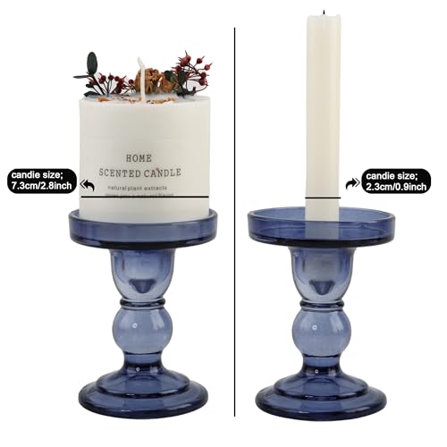 Glass Candle Holder Set of 4, Blue Candlestick Holders for Pillar Candles, 4.5" H, Candle Stand Decorations for Living Room - color: Blue