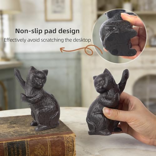 Decorative Cat Bookends, Cast Iron Kitty Book Ends, Heavy Duty Book Stopper, Vintage Antique Brown Black Home Decor, Cute Cat Statues for Shelf Decoration, 2 Pack (Black)