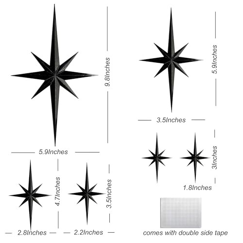 Stylor Mid Century Modern Decor, Mcm Retro 3D Star Art Wall Sculpture, Plastic Starburst Decor, Vintage Celestial Whimsigoth Home Decor Accent. (Set of 6, Black) - color: Black