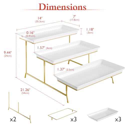 3-Tier Melamine Serving Tray Set, 14"x7" Platters for Serving Food, White Reusable Trays with Golden Metal Display Stand for Cupcakes, Sevring Food, Dessert, Fruit, Cookie, 24K Gold-Plated - color: Gold, size: 14" x 7"