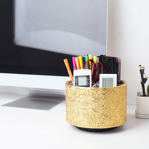 lizimandu Round Leather Art Supply Organizer,Remote Control Holder,360 Degree Spinning,Multi-Functional Pencil Holder,4 Compartments Desktop Stationary Organizer(1-Carved Gold) - color: 1-Carved Gold