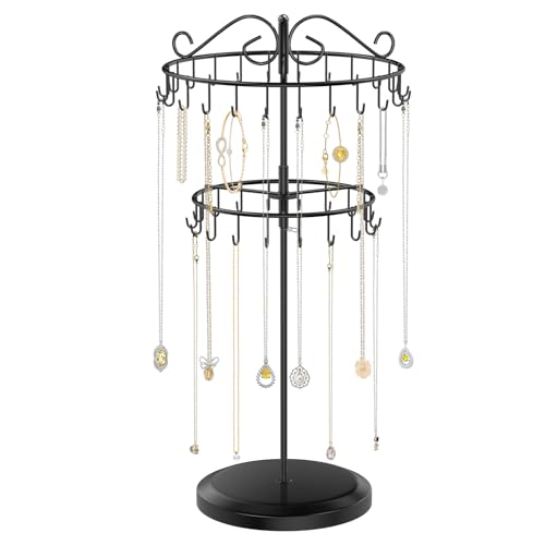 iDavosic.ly 2 Tier Rotating Necklace Holder Organizer with 42 Hooks, Adjustable Metal Bracelet Display Stand Rack, Extra Tall Keychain Spinning Tree Tower for Women, Black - color: Black