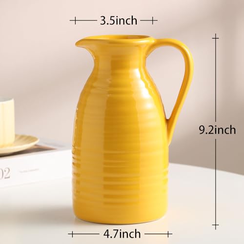 hjn Farmhouse Pitcher Vase for Flowers- Decrative Pitchers White Ceramic Pitcher Yellow Vase for Your Kitchen/Home Decor/Office/Living Room/Bookshelf/Mantel/-Yellow - color: Yellow - Pitcher Vase