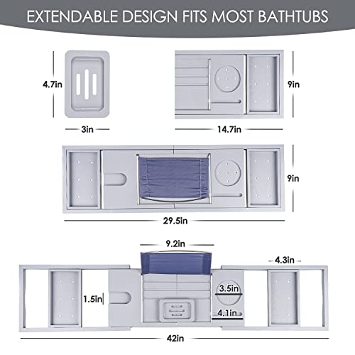 Foldable Bathtub Caddy Tray, Bamboo Bath Tub Tray Table for Tub with Wine Glass Holder Book Phone Tablet Holder with Extending Sides, Adjustable Bathroom Bathtub Free Soap Holder Gift Idea (Grey) - color: Gray