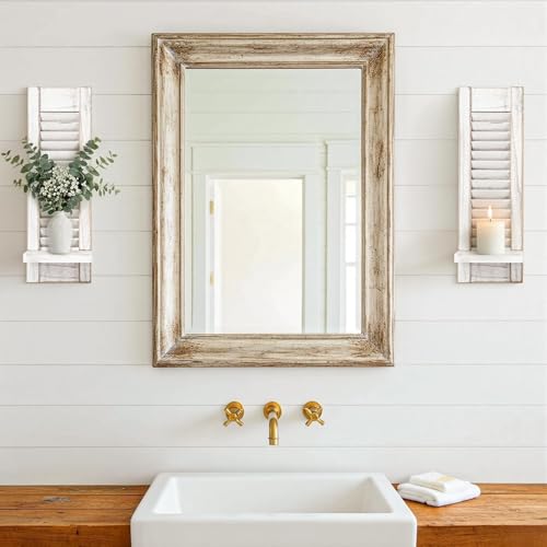 Candle Sconces Set of 2: Farmhouse Wall Candle Holder, Rustic White Wood Wall Sconces Set of Two,Handmade Wooden Art Decor for Living Room, Dining Room, Bathroom, Bedroom, or Entryway, 15.7"x5"