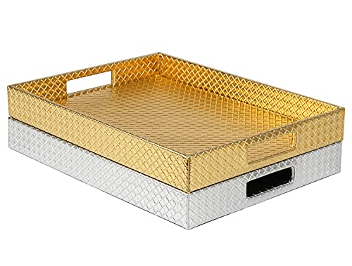 HofferRuffer Rectangle Serving Tray with Hole Handles for Coffee Table, Breakfast, Tea, Food, Butler - Countertop, Kitchen, Vanity Serve Tray, 16.2 x 12.2 x 2 inches, Faux Leather (Silver) (Pack of 2) - color: Silver, size: 16.2" x 12.2" x 2" (Pack of 2)