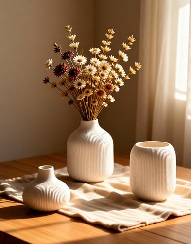 White Ceramic Vases for Decor, 3 Set Small Modern Minimalist Ribbed Vases Decorative for Table Shelf Decor Bookshelf Decoration Vase - color: 15 White
