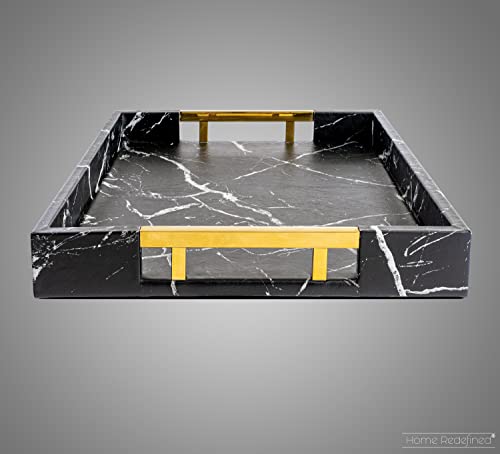 Home Redefined Modern Elegant 17.5"x12" Rectangle Black Marble Faux Leather Decorative Tray Ottoman Coffee Table Perfume Living Room Kitchen Serving Tray with Gold Polished Handles for All Occasion's - color: Black Marble/Gold