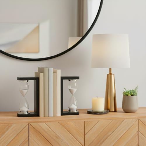 Decorative Hourglass Bookends for Bookshelf Decor - Elegant Book Ends for Book Accessories, Shelf, or Office Decor - Modern Desk Decor, Home Library, or Console Table Decor - Set of 2, 10", Black