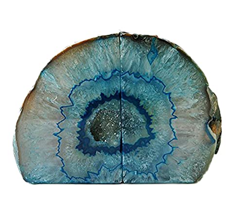 AMOYSTONE Geode Bookends Heavy Duty Agate Large Stone Bookend Decorative Crystal Quartz Book Ends Dyed Teal with Rubber Bumpers(1 Pair, 6-8 LBS) - color: Dyed Teal, size: 6-8LBS