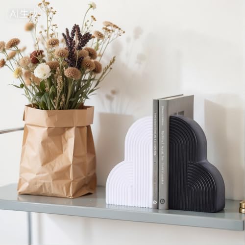 Black and White Decorative Bookends for Shelves Set of 2 – Heavy Duty Resin Book Ends, Modern Minimalist Geometric Book Stoppers for Heavy Books, Boho Aesthetic Shelf Decor for Home, Office, Library - color: White and Black