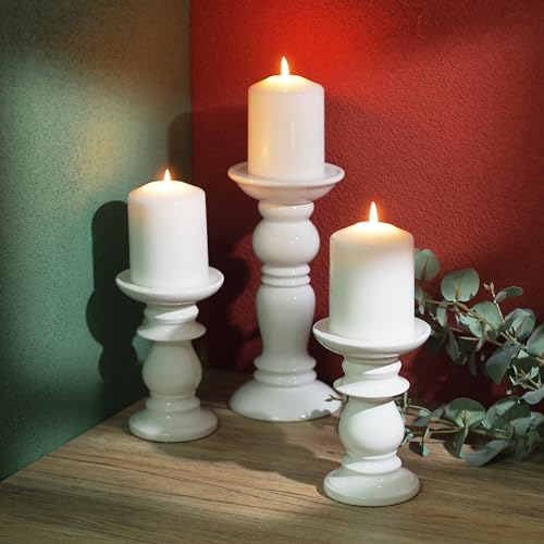 Hosley Set of 3 Ceramic White Pillar Candle Holders Two 6 inch and One 9.5 inch High Ideal for LED and Pillar Candles Gifts for Wedding Party Home Spa Aromatherapy Votive Candle Gardens - color: 1-white