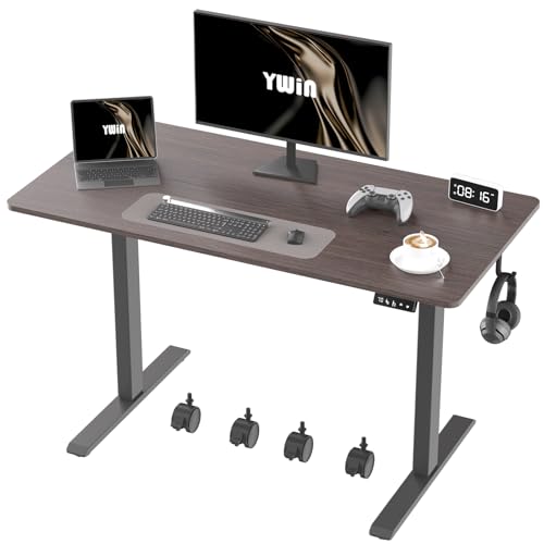 Ywin Electric Height Adjustable Standing Desk with Wheels, 63 x 24 inches Ergonomic Stand Up Desk for Home Office - color: Black Walnut
