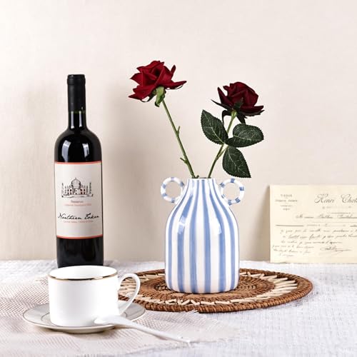 Blue and White Ceramic Vase with Handle, Nordic Boho Small Vases Side Table Flower Centerpiece, Wide Mouth Single Flower Vase Pampas Grass Decorative - for Home Window Sill Living Dining Room Kitchen - color: Blue and White