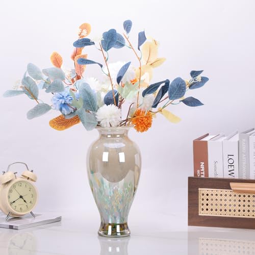 11.8" Tall Green Glass Vase Beautiful Hand Blown Glass Vase Modern Art Home Decor, Wide Mouth Colorful Vases for Mantle Dining Table Centerpiece, Entryway Living Room Wedding Decoration - color: Green