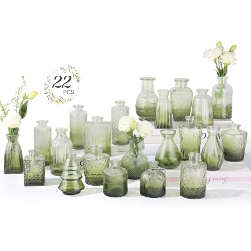 RUCKACE Bud Vases in Bulk 22 Green Glass Small Vases Flower Vase Bulk for Centerpiece Table Wedding Decorations Home Decor Party(Gradient Green 22 Pack) - style: Gradient Green 22 Pack
