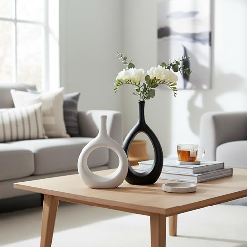 Ceramic Vase Set of 2, Modern Minimalist Boho Hollow Flower Vases, Decorative Vase for Home Decor, Living Room, Bedroom, Bookshelf, Entry Table, Kitchen and Dining Table - color: White&black