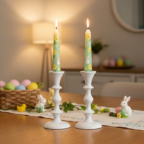 Rely+ White Metal Taper Candle Holders Set of 2 – 5.75" Decorative Candlestick Holders for Table Centerpiece, Home Décor, Dining Table, Wedding & Party Decorations - color: White