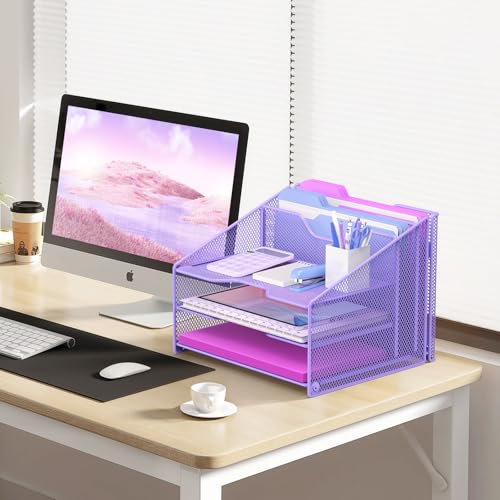 Samstar Purple Desk File Organizer, Mesh Letter File Folder Holder with 3 Paper Trays and 2 Vertical Upright Section, for Office Supplies, Desk Accessories & Workspace, Purple - color: 1 Pack Purple