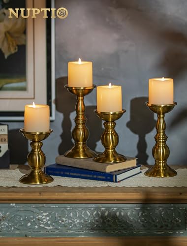 NUPTIO Gold Candle Holder for Table: Brass Pillar Candle Stand Decorative for Fireplace Decor - Metal Vintage Candleholder for Christmas New Year Party Centerpiece(2 x S) - color: Brass, size: S + S
