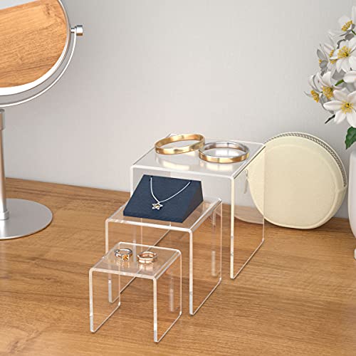 HIIMIEI Clear Acrylic Display Risers 2 Sets, 3-Tier Risers Stands Showcase for Amiibo Funko Pop Figures, Dessert, Jewelry-3"x4"x5" - size: 3"x4"x5"