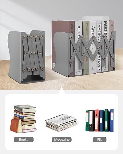 Honagu Adjustable Bookends, Metal Book Ends for Shelves Heavy Book, Desk Magazine File Organizer for Home, Office, Books, Papers, Extends up to 19 inches, for Students,Teachers (Grey) - color: Gray