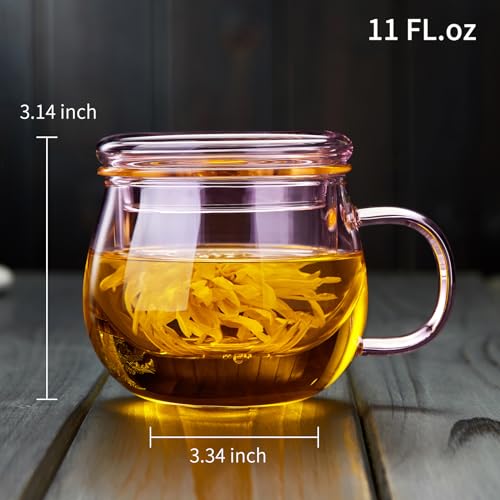 DOPUDO 11oz Pink Glass Tea Cup with Infuser and Lid– Versatile and Elegant Gift for Women, Perfect for Loose Leaf Tea and Other Beverages. - size: 11OZ