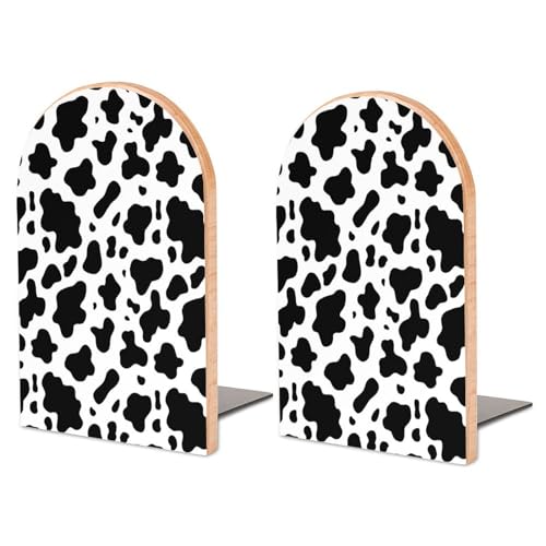 Wooden Bookends 2 Pcs,Black and White Cow Print Heavy Duty Office Book Ends Anti Slip Book Shelf Holder with Metal Base Decorative Book Stands - color: Black and White Cow Print