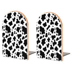 Wooden Bookends 2 Pcs,Black and White Cow Print Heavy Duty Office Book Ends Anti Slip Book Shelf Holder with Metal Base Decorative Book Stands - color: Black and White Cow Print
