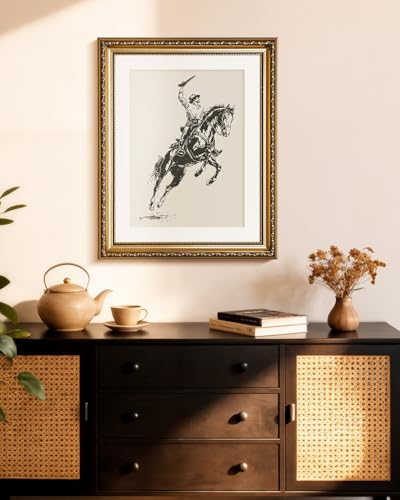 HUARCEY Vintage Western Wall Art Framed Canvas 13x16, Rustic Cowboy Riding Horse Illustration Line Art, Traditional Embossed Gold Frame Classic Western Ranch Living Room Office Study Home Decor - color: To the West, size: 16"L x 13"W