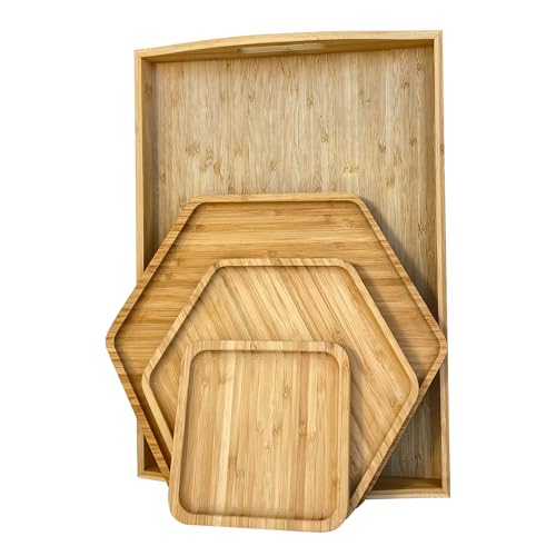 Bamboo Serving Trays Cutting Boards 16.5"x11.8"（42x30cm with Handle, Set Includes 0.63"(1.6cm) Thick Plates 1xHexagon 12.5"(32cm)+1xHexagon 9.8"(25cm)+1xSquare 5.9"(15cm) for Family Dinner - color: 0.63"(1.6cm) Thick 1xhexagon 12.5"(32cm)+1xhexagon 9.8"(2