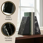 Bey-Berk Whitney Zebra Marble Bookends (Black, Set of 2), 4" x 2.5" x 6" Heavy Wedge Book Ends for Desk, Shelf, or Office - color: Black