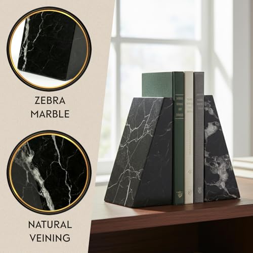 Bey-Berk Whitney Zebra Marble Bookends (Black, Set of 2), 4" x 2.5" x 6" Heavy Wedge Book Ends for Desk, Shelf, or Office - color: Black
