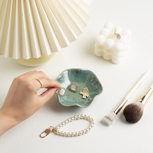 Ceramic Ring Dish, Jewelry Dish Holder, Small Trinket Tray Plate for Earrings Rings Necklaces Keys, Gift for Mom Friend Sister on Birthday Mother's Day Christmas (Cyan Surface) - color: Cyan Surface