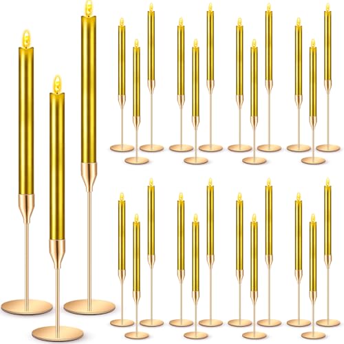 FillTouch 30 Pcs Gold Candlestick Holders with Flameless LED Candles Bulk Includes 15 Metal Candle Holders and 15 Battery Operated Gold Candles for Wedding Table Centerpieces Home Decor - color: Gold Holders, Gold Candles