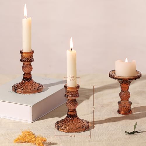 12Pcs Amber Candlestick Holders Set- 4" H Taper Candle Holders Bulk, Glass Candle Holders for Wedding, Party, Fall Dinner Table Centerpieces, Festival Gifts & Windowsill Decor - color: Amber Dimond Pattern