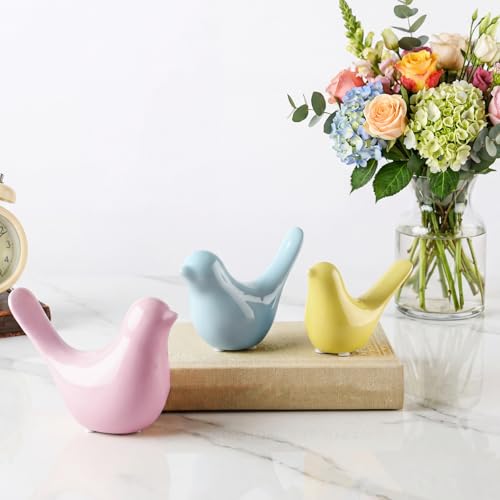 AceOrbit 3 Pcs Spring Small Animal Statues Pink Birds Decor Pastel Color Sculpture Ornaments Blue Yellow Bird Figures for Spring Home Office Table Desktop Bookshelf Mantelpiece Shelf - style: Cute Style