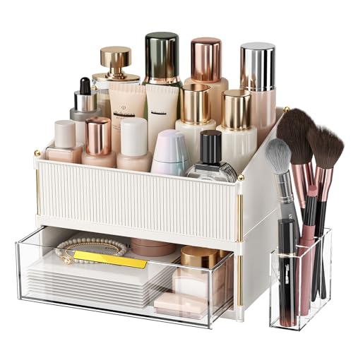 INVSSENE Stackable Makeup Organizer Countertop, Storage Perfume Skincare Cosmetic Lipstick Face Mask Makeup Brush Palettes, Ideal for Vanity Bathroom Counter - color: 3514 White+Clear