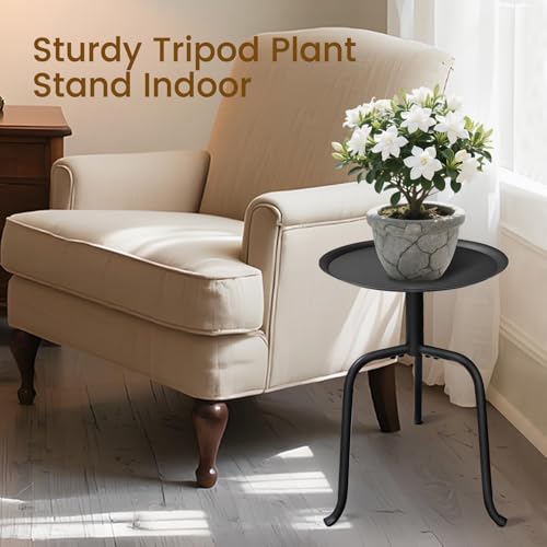 Plant Stand Indoor, Mid Century Single Plant Table, 3-Leg Minimalist Heavy Duty Metal Tall Flower Pot Stand, Modern Round Small Side End Table with Raised Design - color: Black