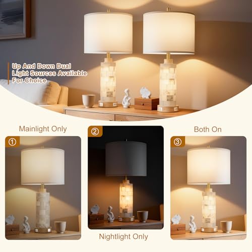 KIVDITZO 27" Alabaster and Wood Table Lamp Set of 2 with Night Light Nightstand Lamps with USB Ports White Linen Fabric Shade Bedside Lamp Decor for Living Room Bedroom Home Office Hotel Bar House - color: Natural Wood