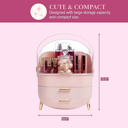 Paris Hilton Makeup Storage Organizer with Lid, Cosmetics and Skincare Organizer for Vanity, Portable Makeup Storage Box for Countertop, Fluted Design with Gold Accents, Pink - style: Organizer Box