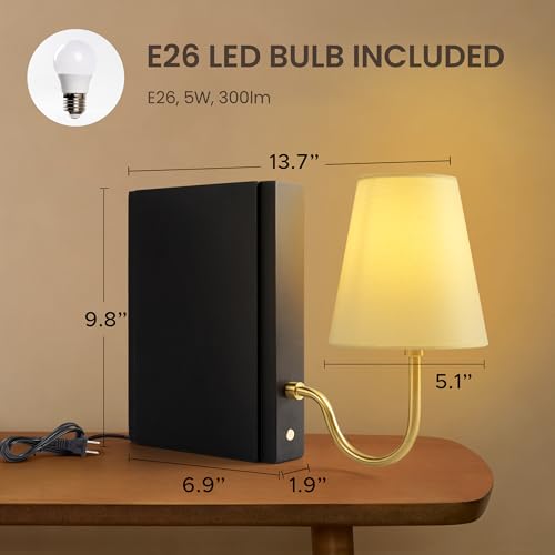 AELS Wooden Bookshelf Lamp with Bulb, Table Lamp with Linen Shade, 3-Color Dimmable Touch Control, Modern Decorative Bookend, Book Sconce for Office Home Bedroom Bookshelf, Black - color: Black, size: Plug-in Model