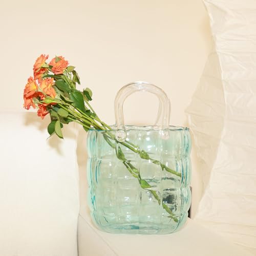 Glass vase - 10.6 inch Handbag-Shaped Woven vase That can be Filled with Water to Serve as a Fish Tank. Customized Gift Box Packaging is Available- Blue - color: Bulging Blue
